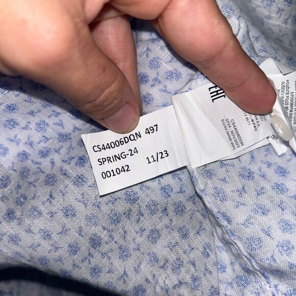 Michael Kors Linen Short Sleeve Button Down Shirt XL Slim Fit Blue White Floral - Picture 9 of 9